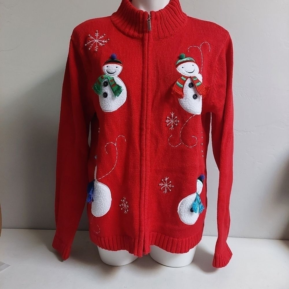 Classic Elements Red Sweater Size L Snowman Zip Up Ugly Christmas Embroided Snow